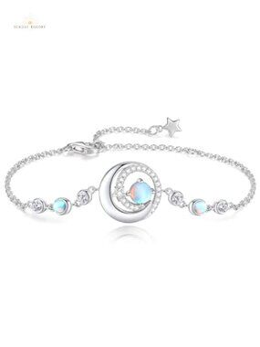 Sterling Silver Moon & Star Bracelet with Birthstone, Lobster Claw Clasp, Fine